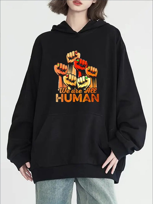 Sudadera con capucha informal con estampado gráfico "We Are All Human" y bolsillo tipo canguro, para todas las estaciones