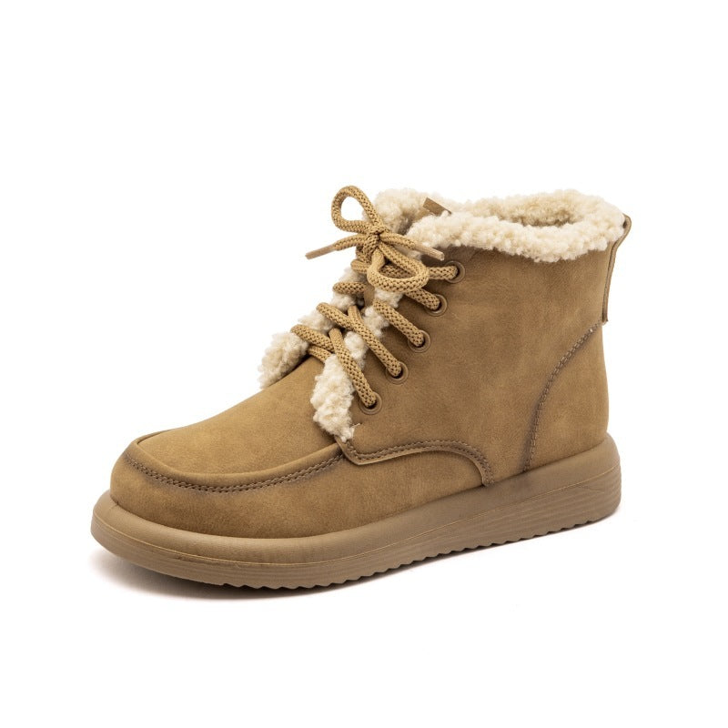Botas de nieve de felpa con cordones, zapatos planos de forro polar cálidos de invierno para mujer, botines casuales de moda