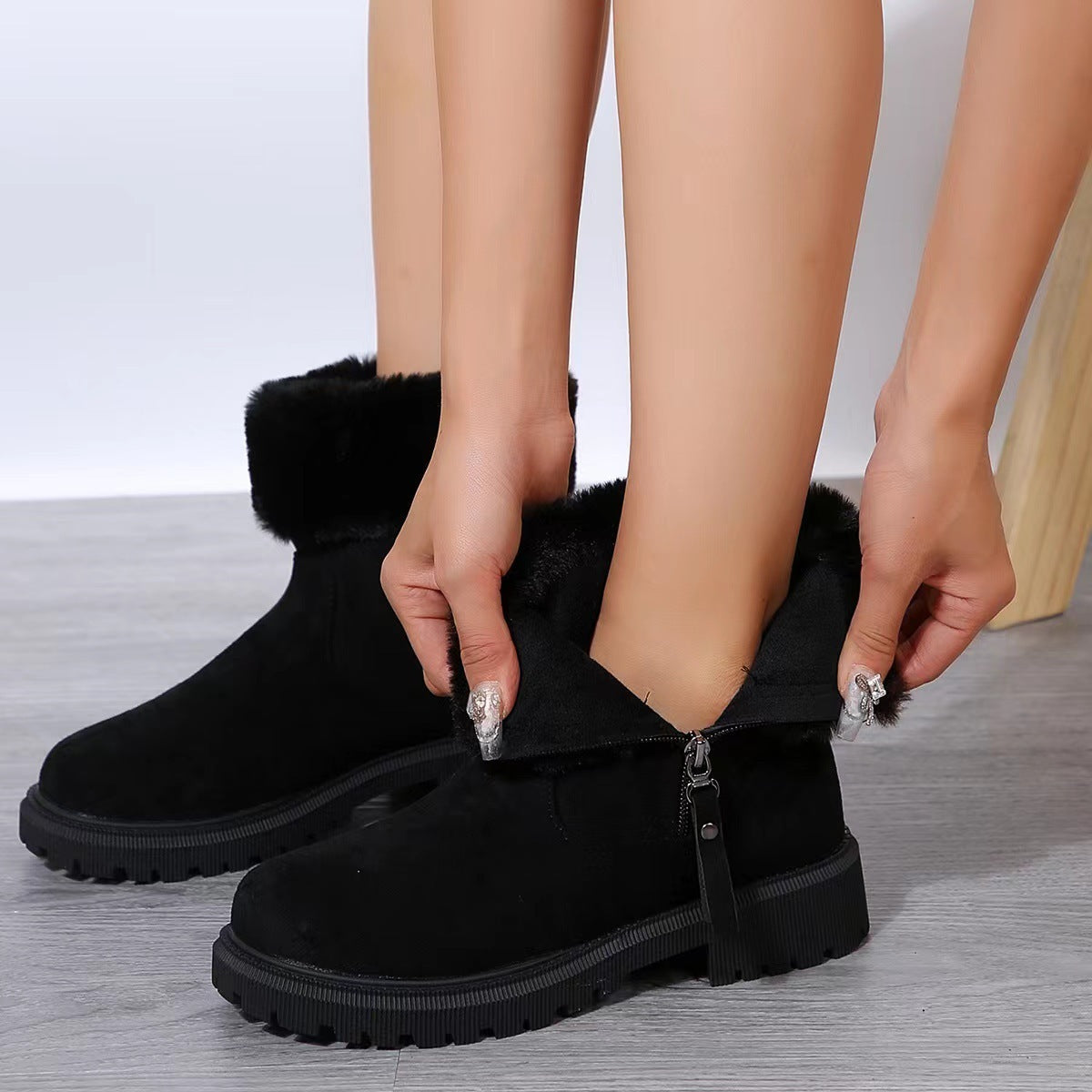 Botas de felpa cálidas, botas de nieve con cremallera lateral a la moda de invierno para mujer, zapatos de tacón bajo gruesos para exteriores
