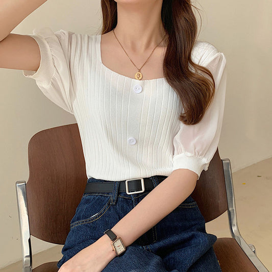 Sleeves Splicing Square Neck T-Shirt Tops Fashion Short-Sleeved Knitted Bottoming Shirt