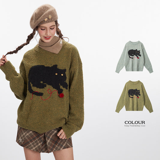 Katzenpullover Damen Herbst und Winter Lazy Leisure Pullover Strick