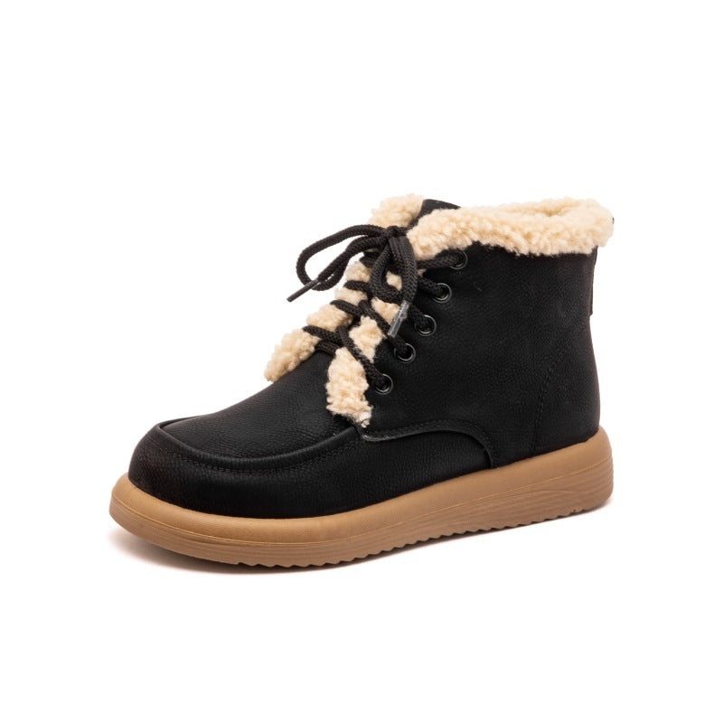 Botas de nieve de felpa con cordones, zapatos planos de forro polar cálidos de invierno para mujer, botines casuales de moda