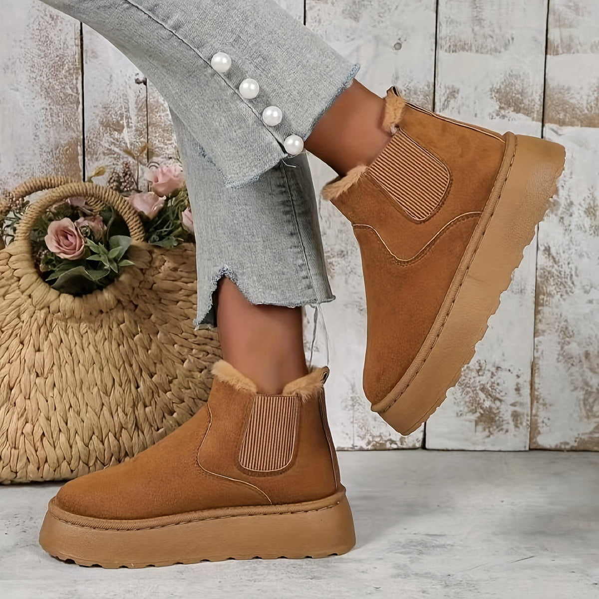 Winter-Schneestiefel, modische flache Baumwollschuhe mit dicken Sohlen, runde Zehenpartie, warme Plüsch-Stiefelette für Damen