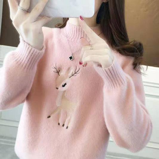 Suéter de cuello alto de imitación de visón para mujer, camisa de punto gruesa informal para estudiantes