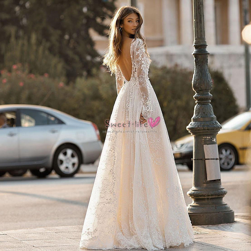 Vestido de novia de mujer con encaje y manga larga para cena o fiesta