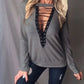 Large Size T Shirt Women Lace up Tops Bandage Long Sleeve V Neck Shirts
