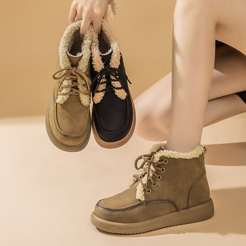 Botas de nieve de felpa con cordones, zapatos planos de forro polar cálidos de invierno para mujer, botines casuales de moda