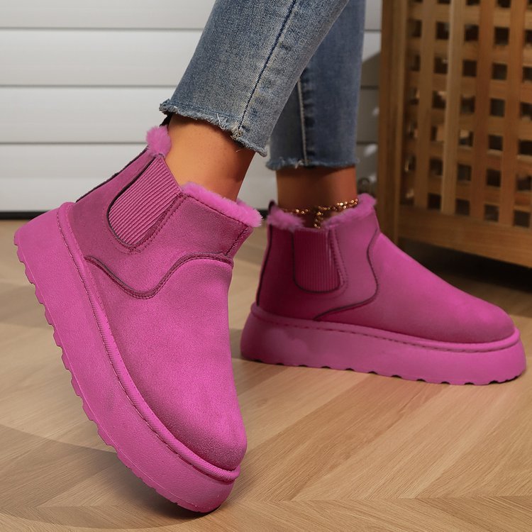 Winter-Schneestiefel, modische flache Baumwollschuhe mit dicken Sohlen, runde Zehenpartie, warme Plüsch-Stiefelette für Damen