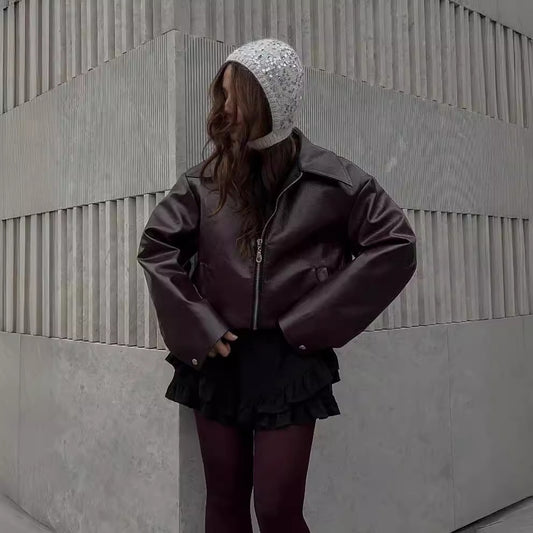 Chaqueta de solapa con cremallera de color sólido, abrigo de cuero de manga larga informal a la moda, ropa para mujer