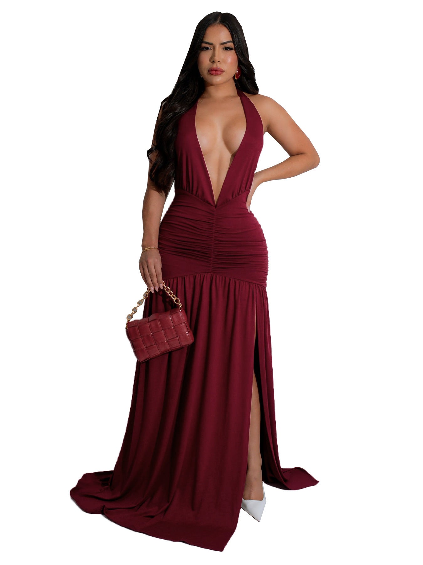 Europäisches und amerikanisches elegantes Neckholder-Kleid mit V-Ausschnitt, sexy, plissiertes, rückenfreies Kleid