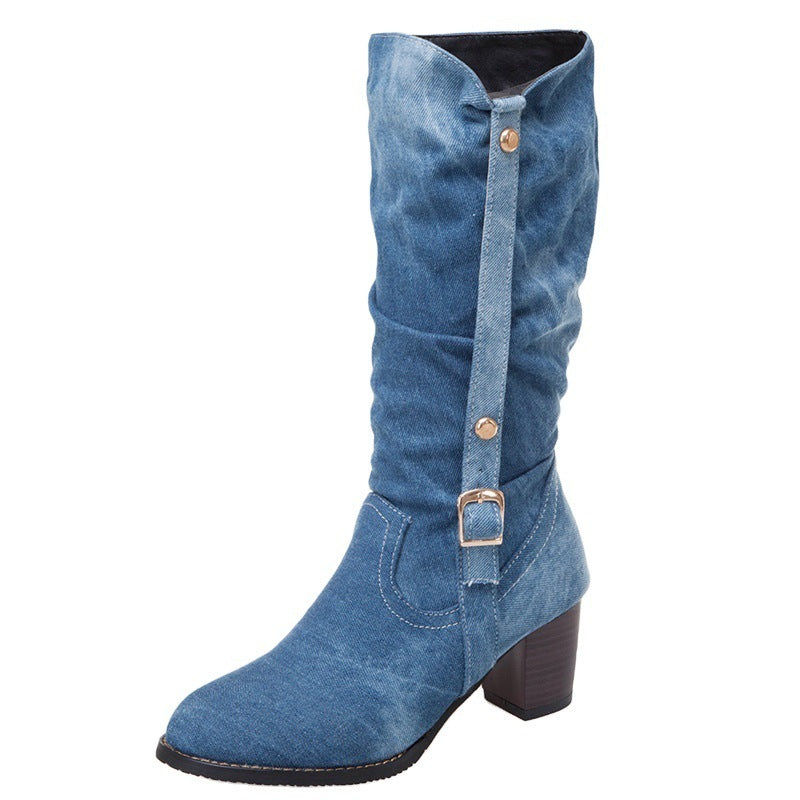 Botas altas de mujer de tacón alto y mezclilla media
