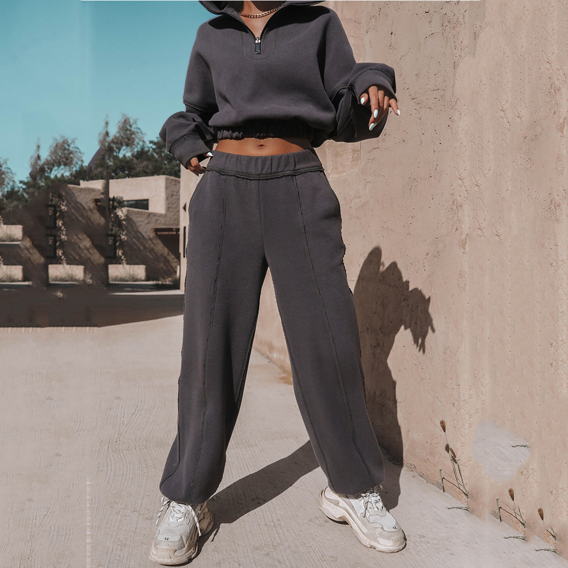 Long Sleeve Turtleneck Sweatshirt Stand Up Zipper Short Top