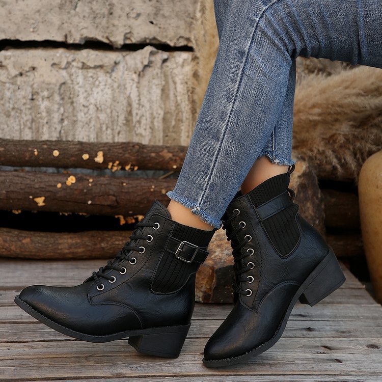 Botines estilo británico informales con plataforma, punta puntiaguda, cordones y cuña para otoño e invierno para mujer