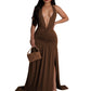 Europäisches und amerikanisches elegantes Neckholder-Kleid mit V-Ausschnitt, sexy, plissiertes, rückenfreies Kleid