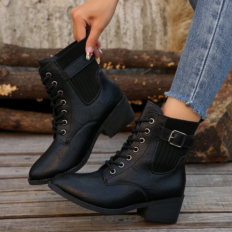 Botines estilo británico informales con plataforma, punta puntiaguda, cordones y cuña para otoño e invierno para mujer