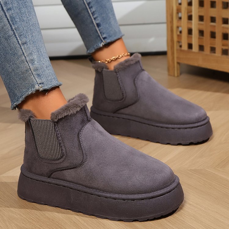 Winter-Schneestiefel, modische flache Baumwollschuhe mit dicken Sohlen, runde Zehenpartie, warme Plüsch-Stiefelette für Damen