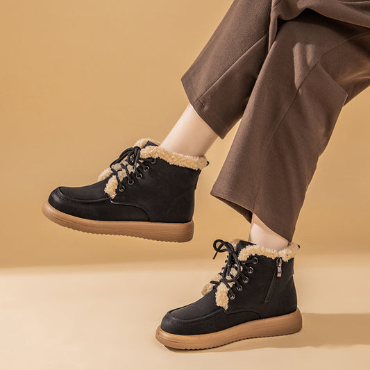 Botas de nieve de felpa con cordones, zapatos planos de forro polar cálidos de invierno para mujer, botines casuales de moda