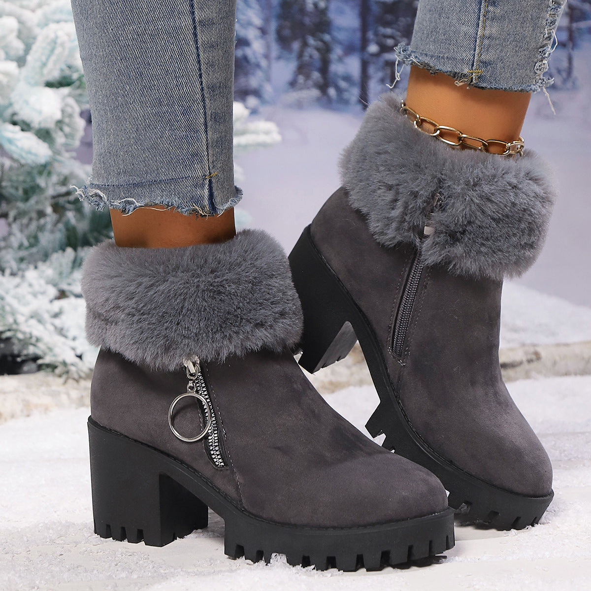 Botas cortas de mujer con tacón grueso, térmicas y engrosadas de terciopelo de nieve
