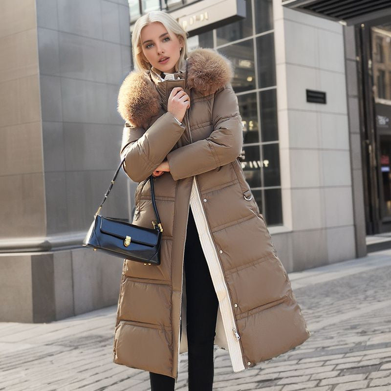 Winter Slim Long Jacket With Fur Hood And Belt Fashion