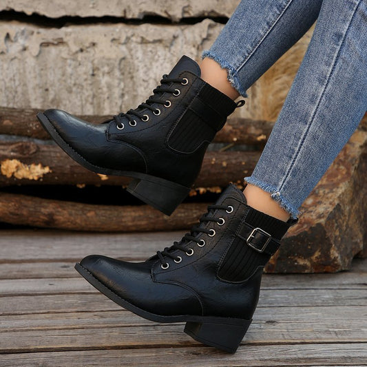 Botines estilo británico informales con plataforma, punta puntiaguda, cordones y cuña para otoño e invierno para mujer