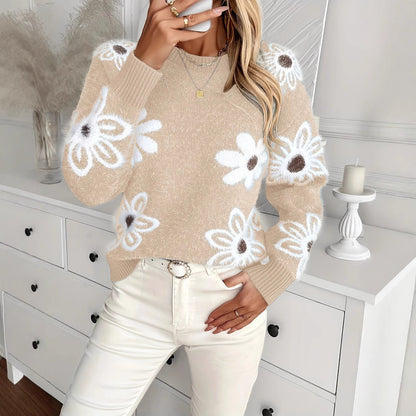 Elegante Blumen Strickpullover Mode Lässig