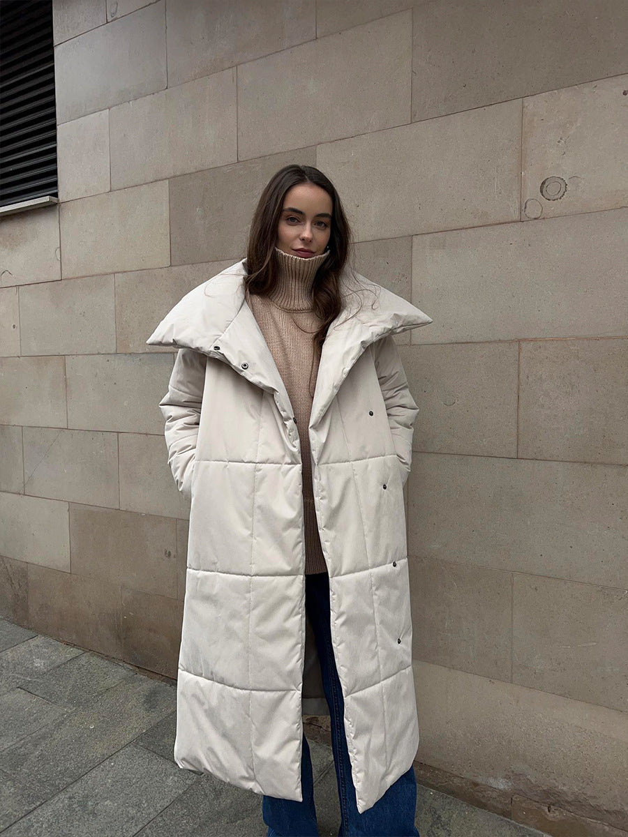 Abrigo largo de solapa grande de moda, chaqueta cálida de algodón de invierno con bolsillos y diseño con cordones, informal