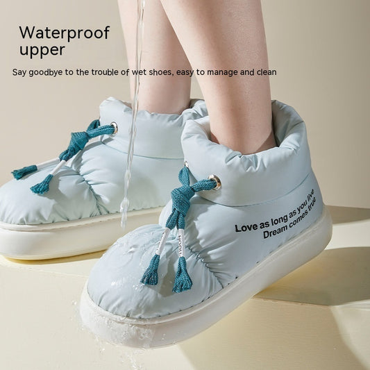 Botas de nieve de felpa gruesas e impermeables para mujer, zapatos de algodón con cordón de invierno para interior y exterior, cómodas y cálidas con suela suave
