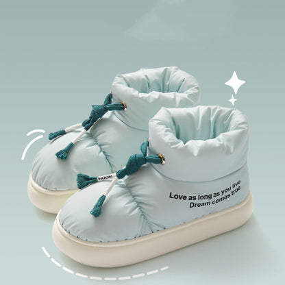 Botas de nieve de felpa gruesas e impermeables para mujer, zapatos de algodón con cordón de invierno para interior y exterior, cómodas y cálidas con suela suave