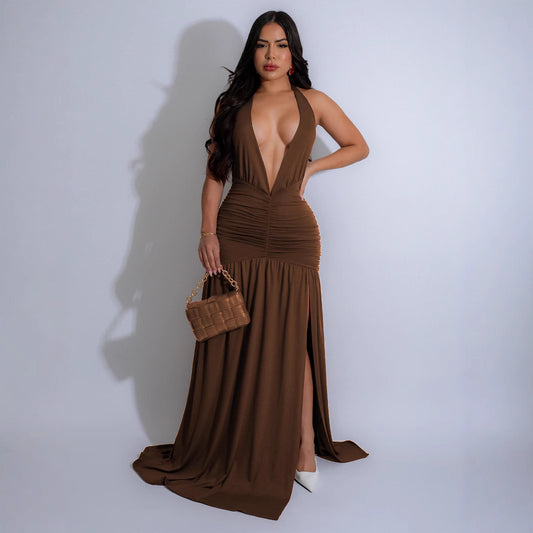 Vestido elegante europeo y americano con escote en V y escote halter, sexy, con abertura y pliegues en la espalda