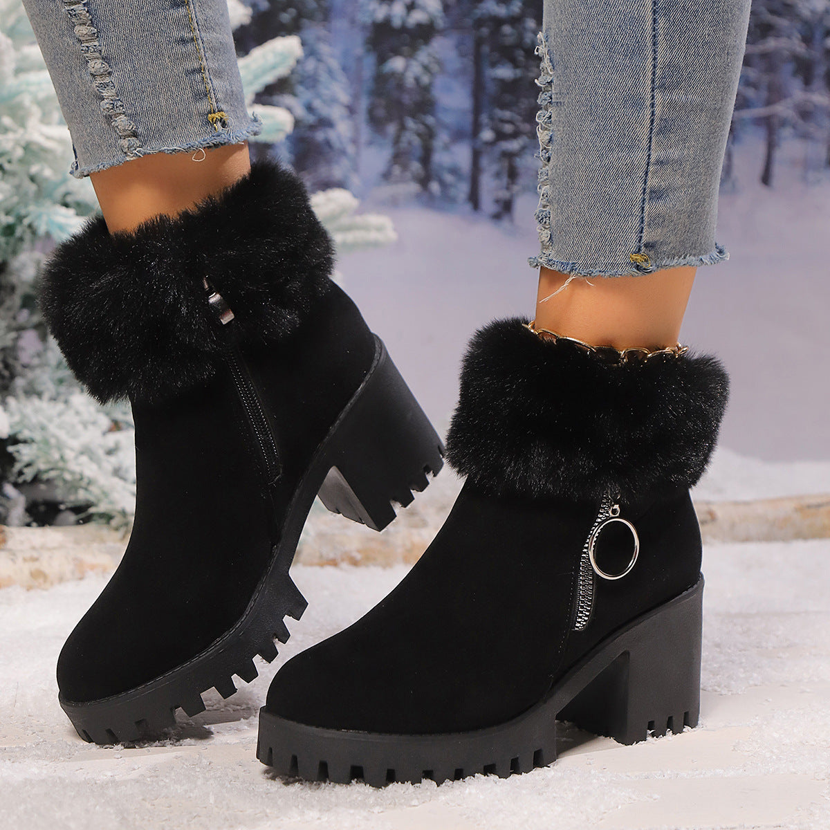 Botas cortas de mujer con tacón grueso, térmicas y engrosadas de terciopelo de nieve