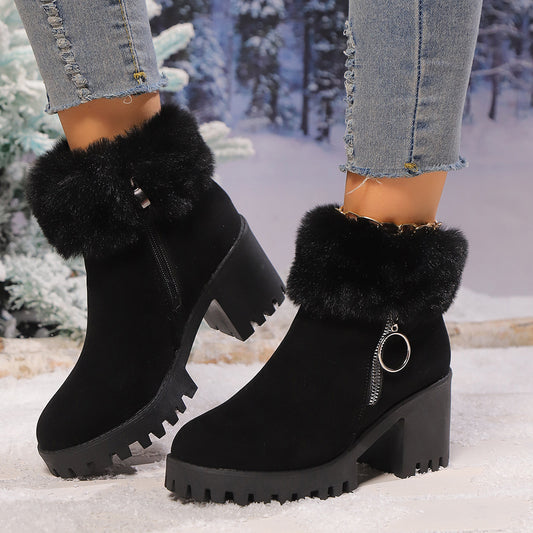 Botas cortas de mujer con tacón grueso, térmicas y engrosadas de terciopelo de nieve