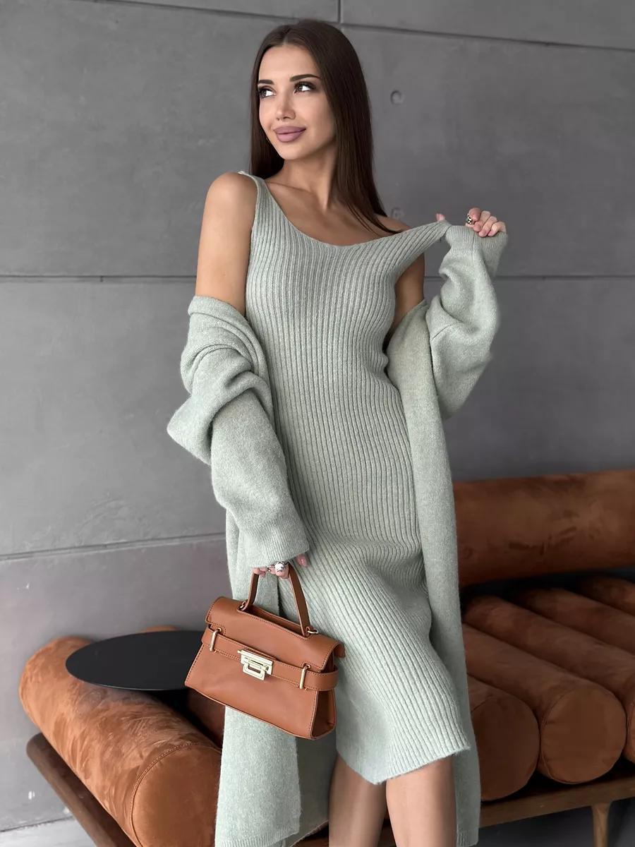 2pcs Knitted Suit Fashion Slim Sleeveless Long Dress