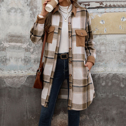 Neu Gebürstet Plaid Langen Mantel Mit Taschen Mode Winter