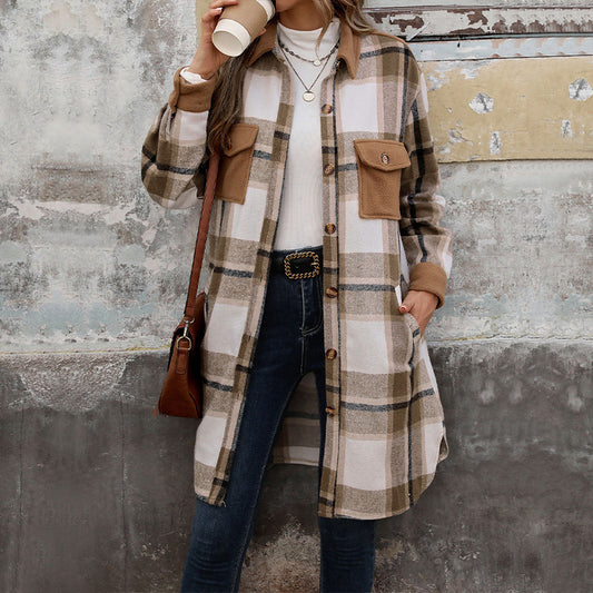 Nuevo abrigo largo de cuadros cepillados con bolsillos, moda de invierno