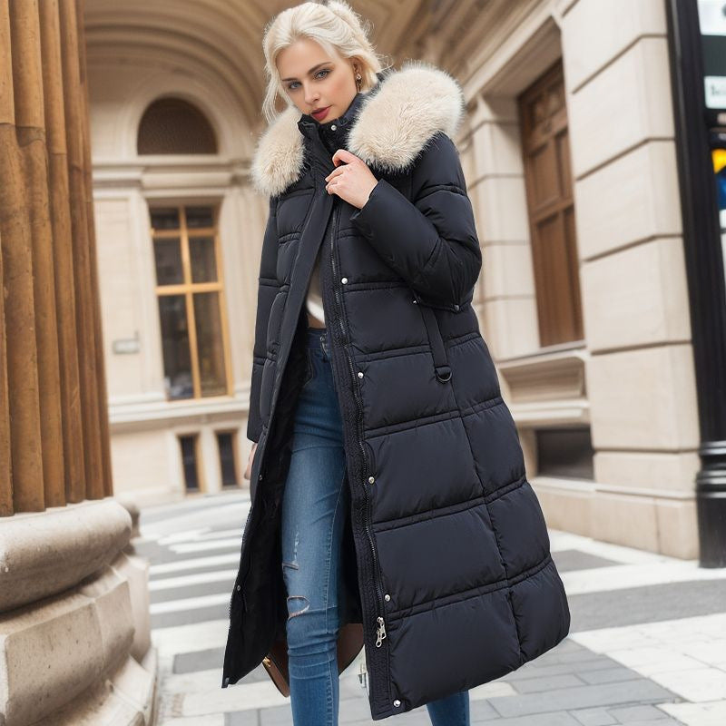 Winter Slim Long Jacket With Fur Hood And Belt Fashion