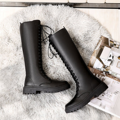 Martin Boots Damen Herbst und Winter Britischer Stil Riemchenritterstiefel mit Blockabsatz