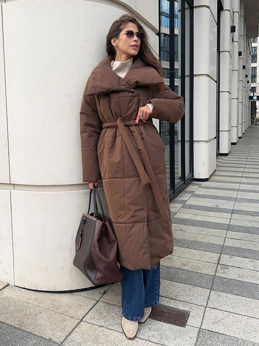 Abrigo largo de solapa grande de moda, chaqueta cálida de algodón de invierno con bolsillos y diseño con cordones, informal