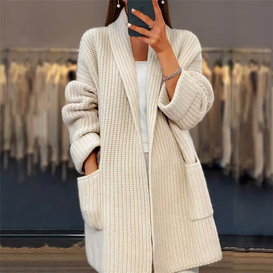 Lapel Knitted Cardigan With Pockets Fashion Casual