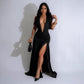 Europäisches und amerikanisches elegantes Neckholder-Kleid mit V-Ausschnitt, sexy, plissiertes, rückenfreies Kleid