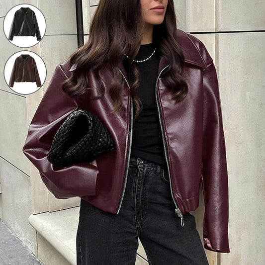 Chaqueta de solapa con cremallera de color sólido, abrigo de cuero de manga larga informal a la moda, ropa para mujer