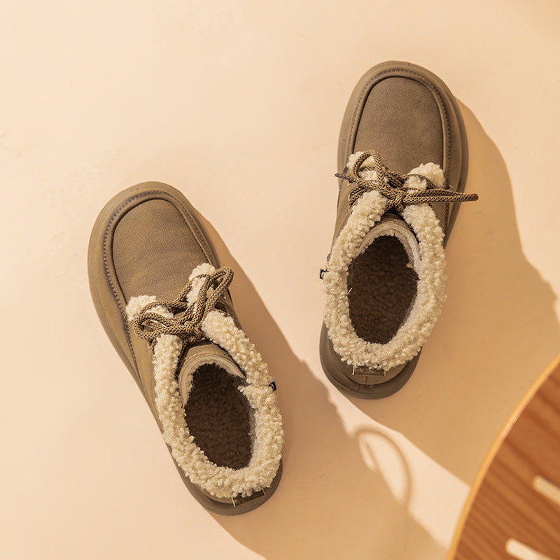 Botas de nieve de felpa con cordones, zapatos planos de forro polar cálidos de invierno para mujer, botines casuales de moda