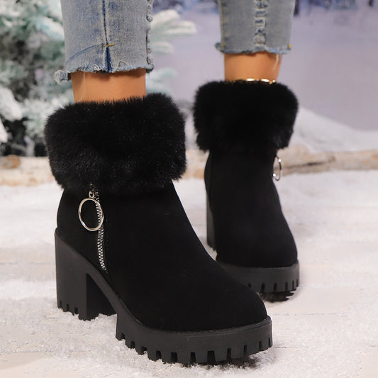 Botas cortas de mujer con tacón grueso, térmicas y engrosadas de terciopelo de nieve
