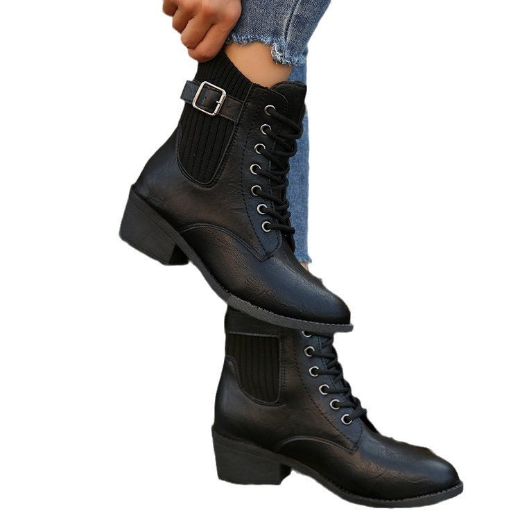 Botines estilo británico informales con plataforma, punta puntiaguda, cordones y cuña para otoño e invierno para mujer