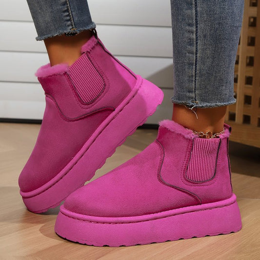 Winter-Schneestiefel, modische flache Baumwollschuhe mit dicken Sohlen, runde Zehenpartie, warme Plüsch-Stiefelette für Damen
