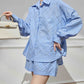 Women's Fashion Casual Blue Shirt Shorts Suit