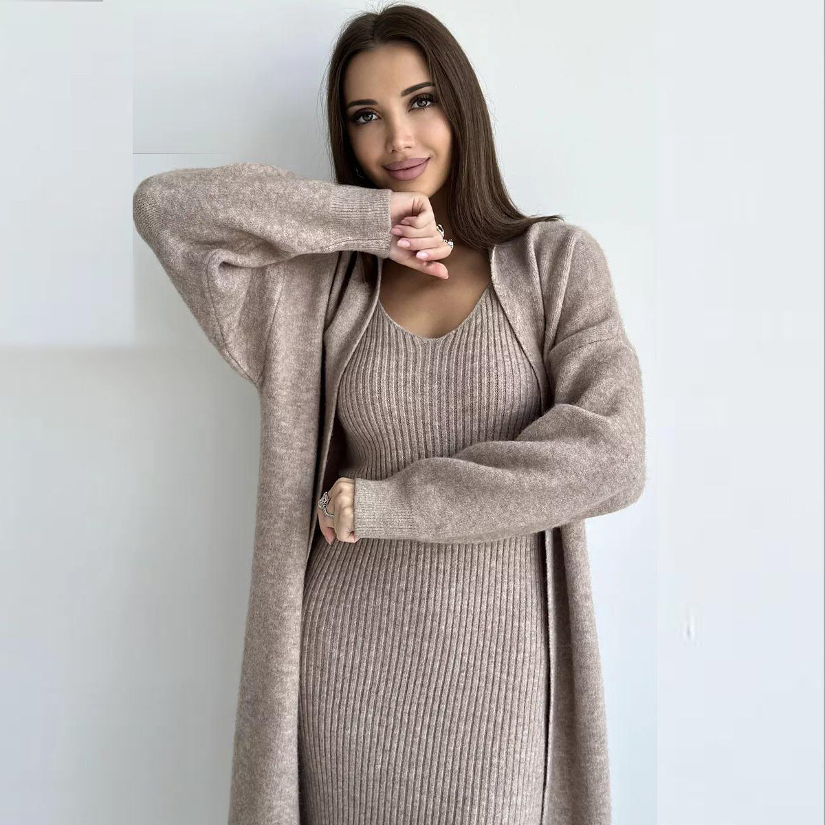 2pcs Knitted Suit Fashion Slim Sleeveless Long Dress