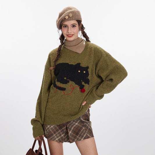 Katzenpullover Damen Herbst und Winter Lazy Leisure Pullover Strick