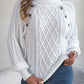 Casual Buttons Cable-knit Turtleneck Lantern Sleeve Pullover Sweater
