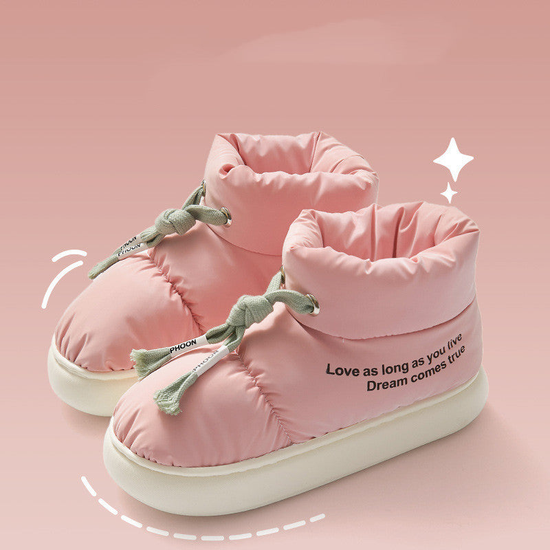 Botas de nieve de felpa gruesas e impermeables para mujer, zapatos de algodón con cordón de invierno para interior y exterior, cómodas y cálidas con suela suave