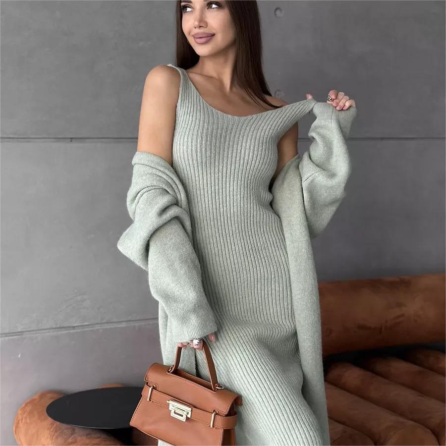 2pcs Knitted Suit Fashion Slim Sleeveless Long Dress